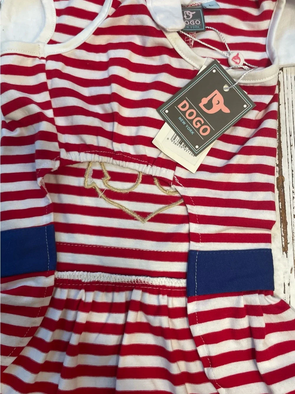 Nautical Red & White Striped Dog Dress with Gold Anchor